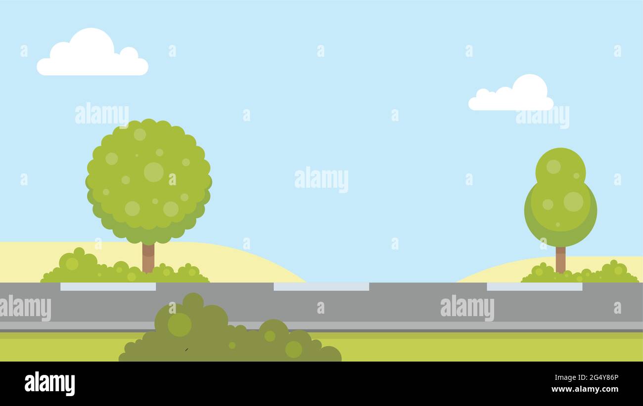 Gerade leere Straße durch die Landschaft. Wüstenhügel, blauer Himmel, Büsche und Bäume. Flaches Design Sommer Landschaft Vektor Illustration. Stock Vektor