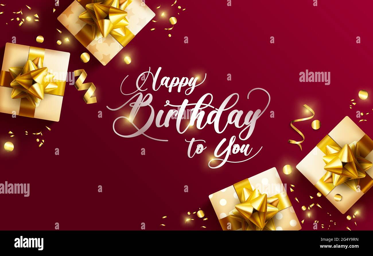 Happy Birthday Vektor Banner Design. Alles gute zum Geburtstag! Grußtext mit goldenen Geschenken und Konfetti-Elementen auf elegantem rotem Hintergrund. Stock Vektor