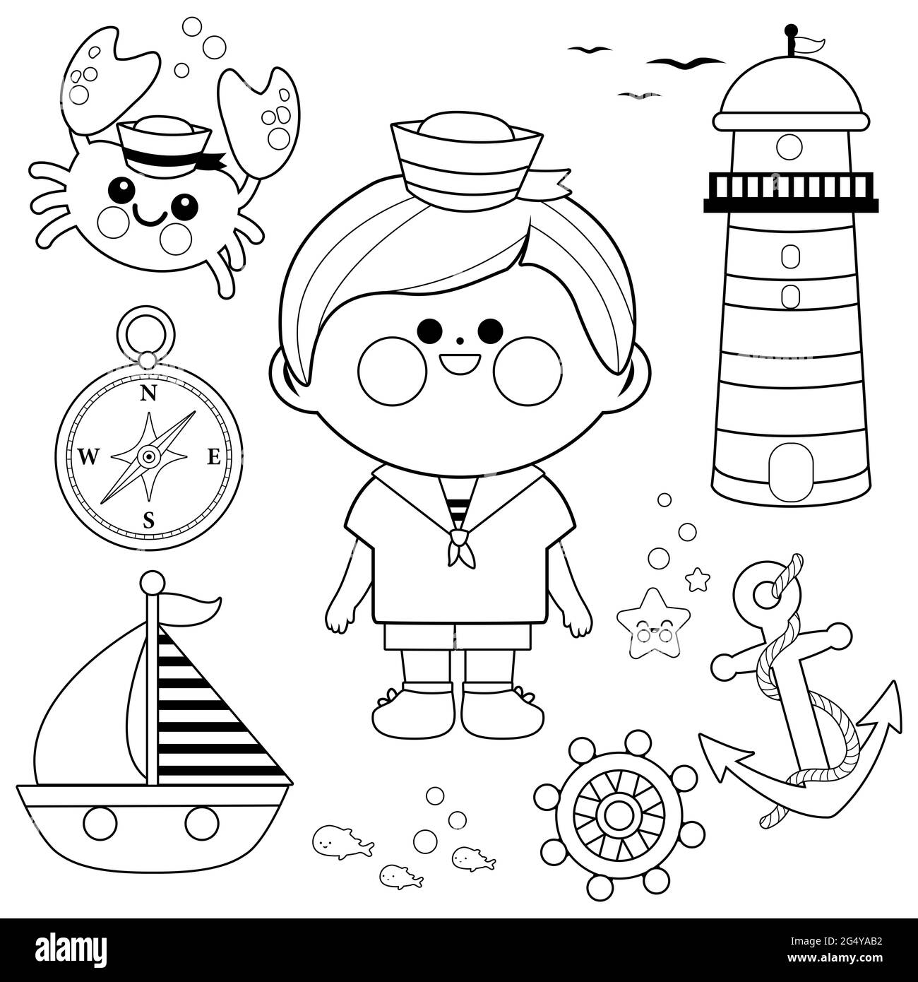 Seemann Junge nautische Illustration Set. SchwarzWeißMalseite