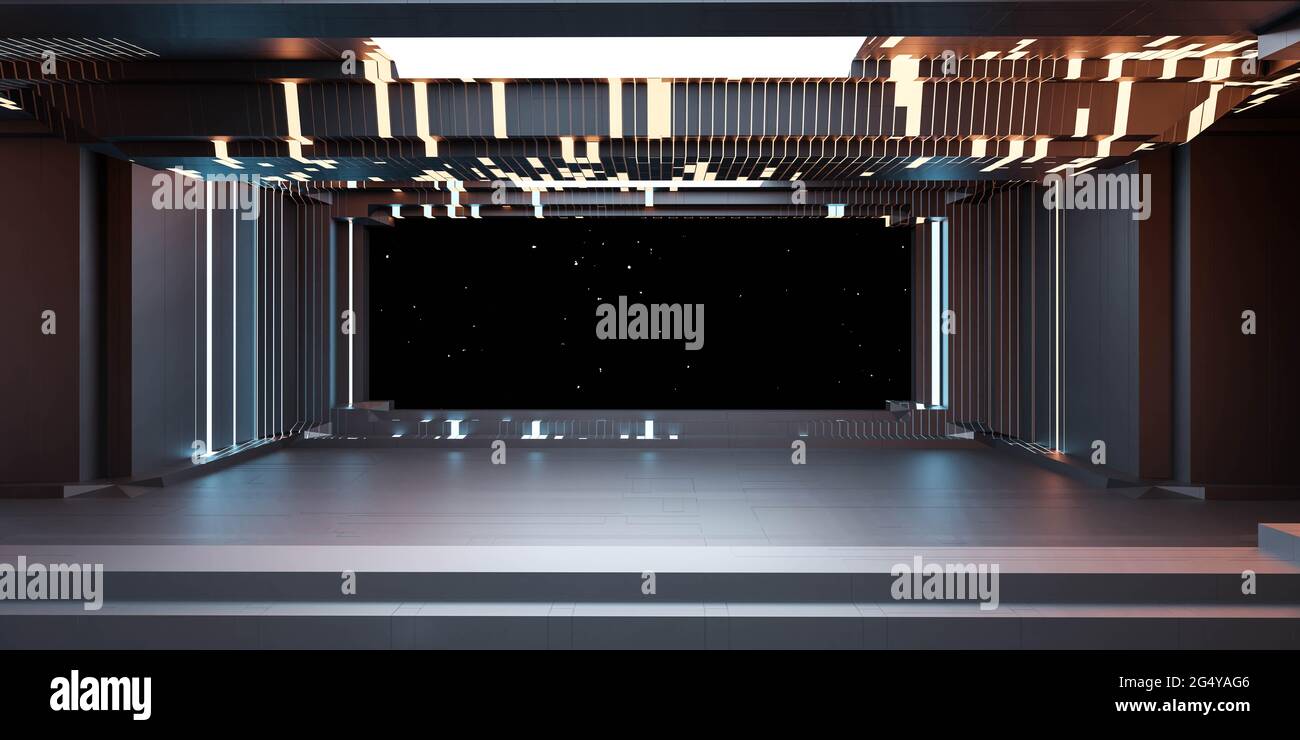 Raumansicht in dunkel futuristischer Raumstation 3d Rendering Illustration Stockfoto