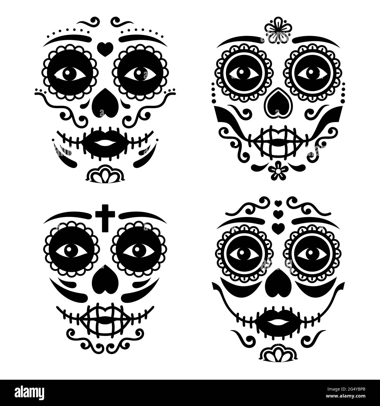 Mexikanisches La Catrina Gesichtsvektordesign, Dia de los Muertos oder Day of the Dead weiblicher Totenschädel in Schwarz und Weiß Stock Vektor