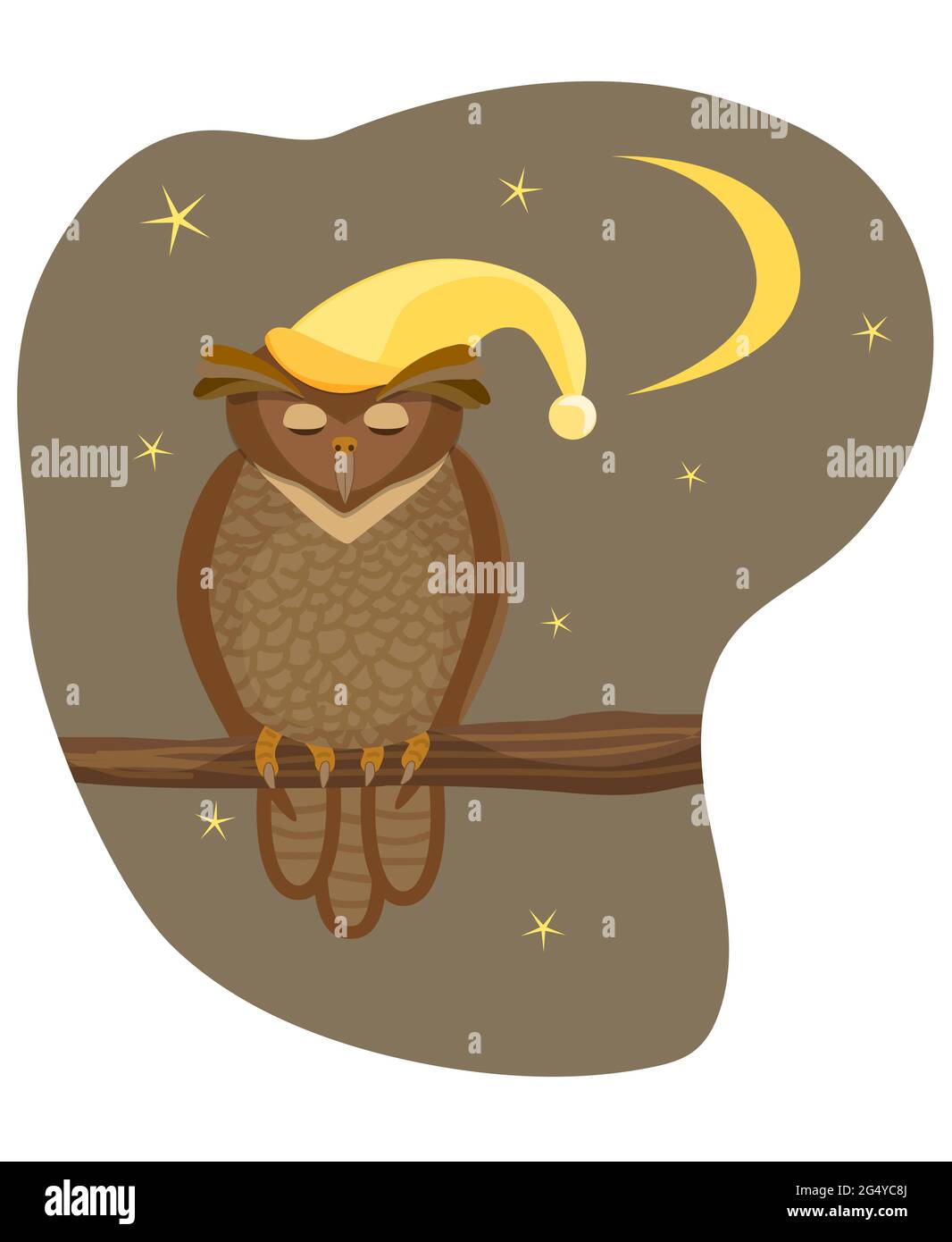 Braune Eule in einer gelben Mütze sitzt auf einem Ast und schläft vor dem Hintergrund des Nachthimmels mit Mond und Sternen Stock Vektor
