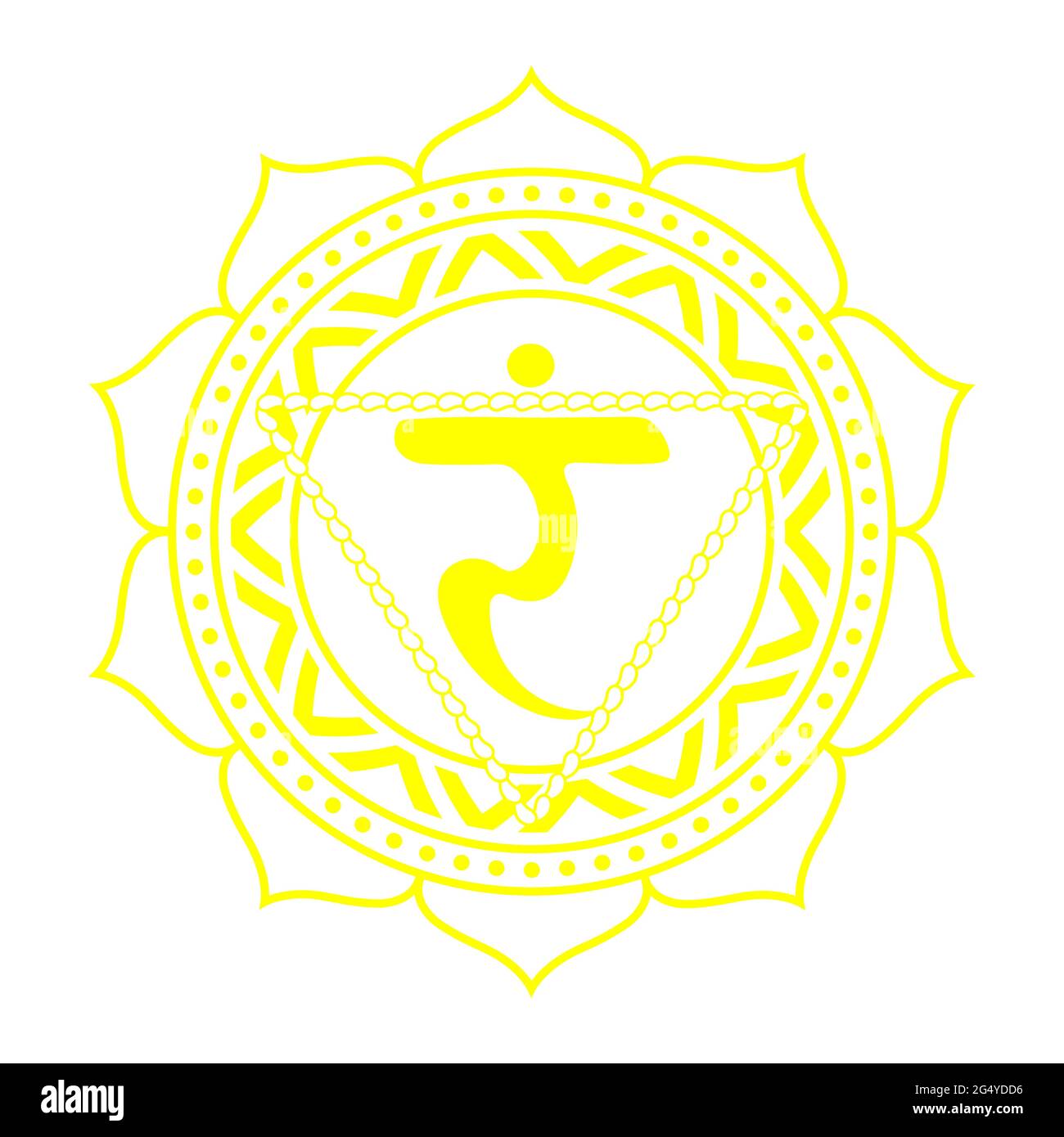 Das dritte Chakra von Manipur. Solar Plexus Chakra mit hinduistischem Sanskrit. Gelb ist ein flaches Symbol der Meditation, Yoga.Vektor Stock Vektor