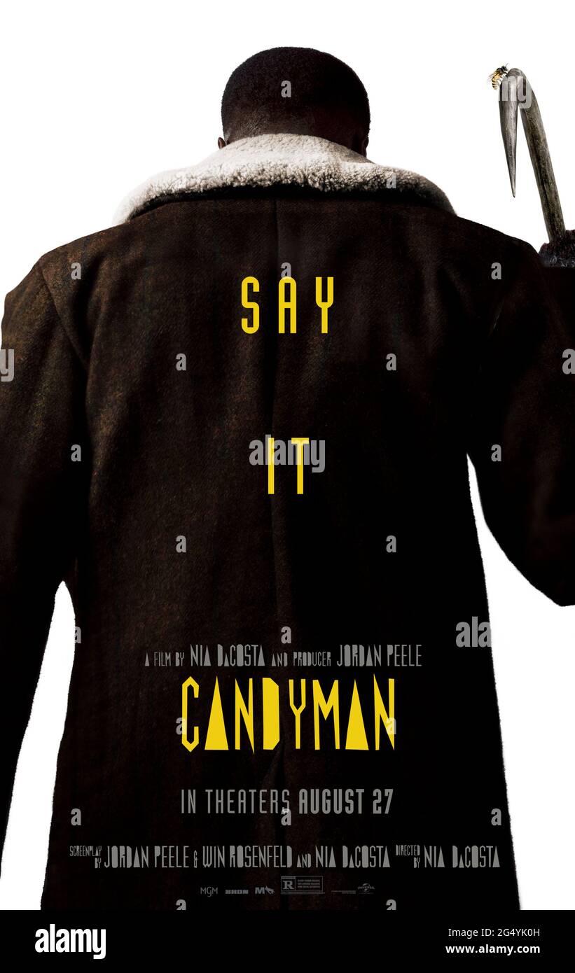 Candyman (2020) unter der Regie von Nia DaCosta mit Yahya Abdul-Mateen II, Teyonah Parris, Nathan Stewart-Jarrett und Tony Todd. Ein Künstler zieht in das jetzt gentrifizierte Viertel von Chicago, wo die Candyman-Legende begann, und beginnt, die düstste Vergangenheit der Gegend zu erforschen. Stockfoto