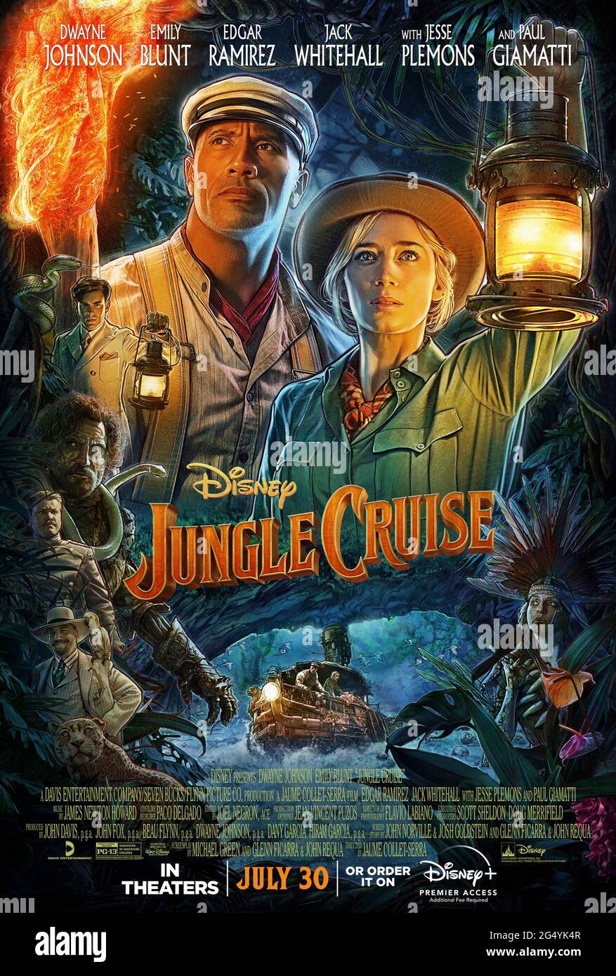 Dschungel Cruise (2020) unter der Regie von Jaume Collet-Serra und mit Dwayne Johnson, Emily Blunt, Jesse Plemons und Jack Whitehall in den Hauptrollen. Abenteuer mit großem Bildschirm, das auf Disneylands Freizeitpark-Fahrt basiert, über Passagiere auf einer unheilvollen Reise auf einem Flussboot. Stockfoto