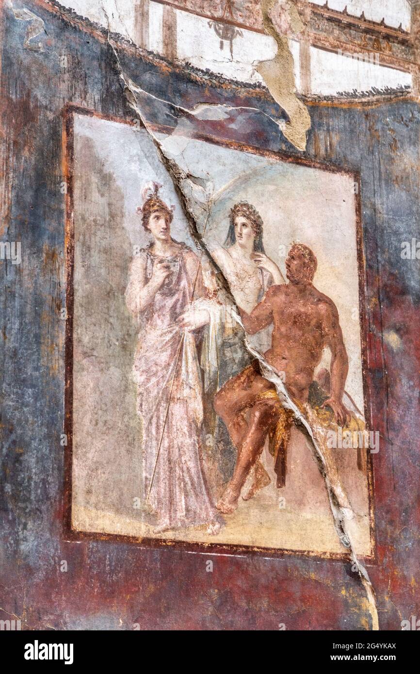 Wandmalerei im Kollegium der Augustalen (La Sede degli Augustali) an der archäologischen Stätte der antiken Stadt Herculaneum, Kampanien, Italien Stockfoto