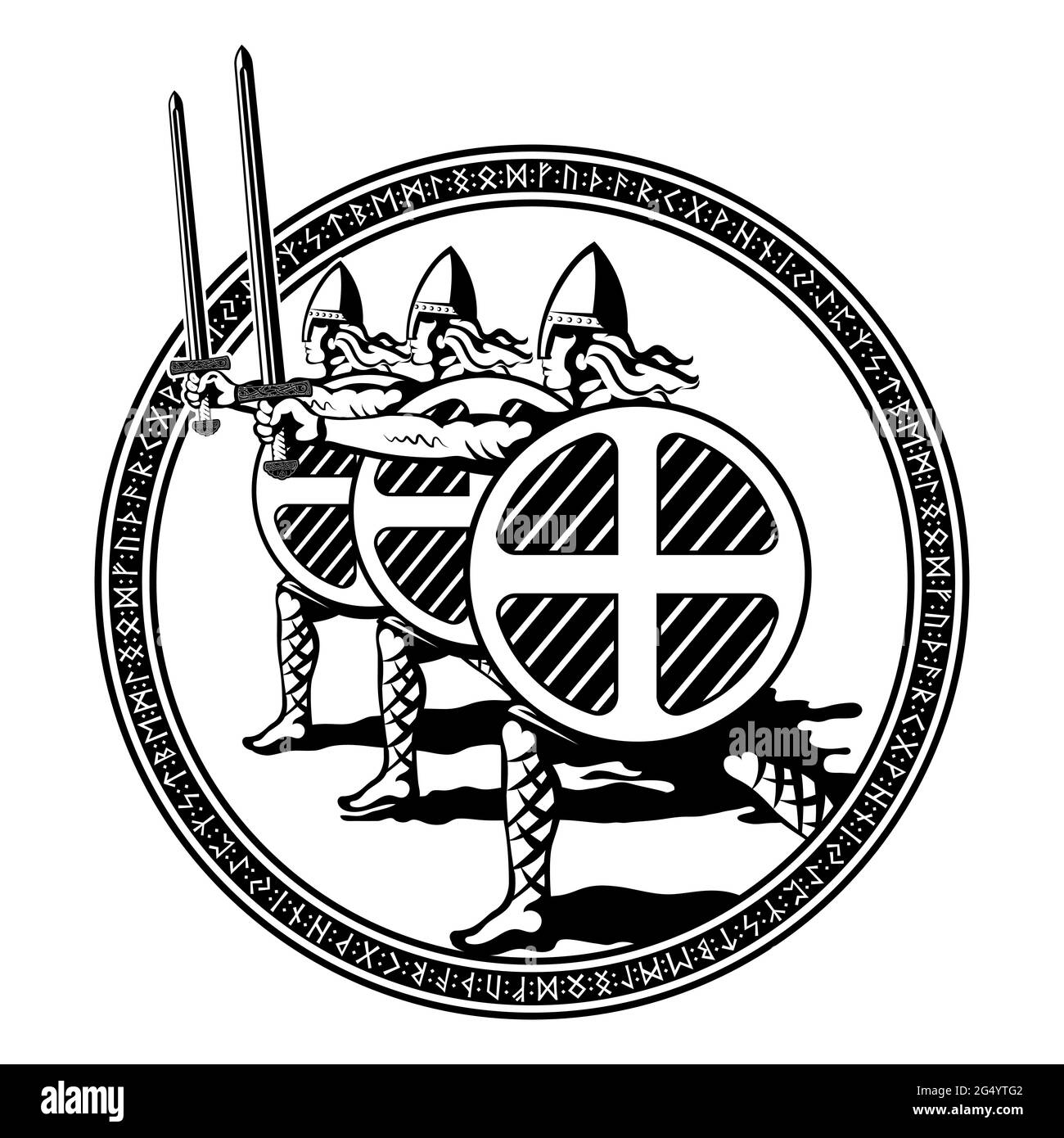 Viking, skandinavisches Design. Nördliche Krieger Berserker mit Schwertern und Schilden Stock Vektor