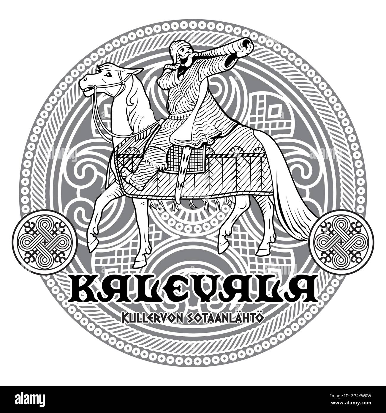 Viking, skandinavisches Design. Ein Krieger auf einem Kriegspferd. Illustration zum finnischen Volksepos Kalevala Stock Vektor