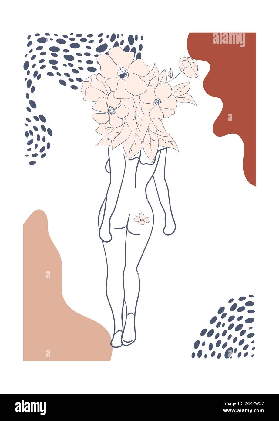 Silhouette einer Frau, weiblicher Körper, körperpositiv, kosmetisches Konzept mit Blumen, trendy beige, Schablone Stock Vektor