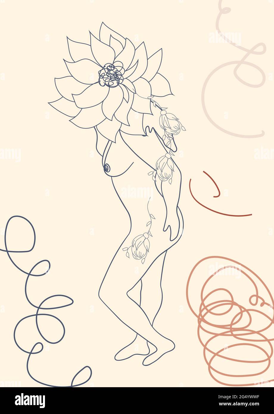 Silhouette einer Frau, weiblicher Körper, körperpositiv, kosmetisches Konzept mit Blumen, trendy beige, Schablone Stock Vektor