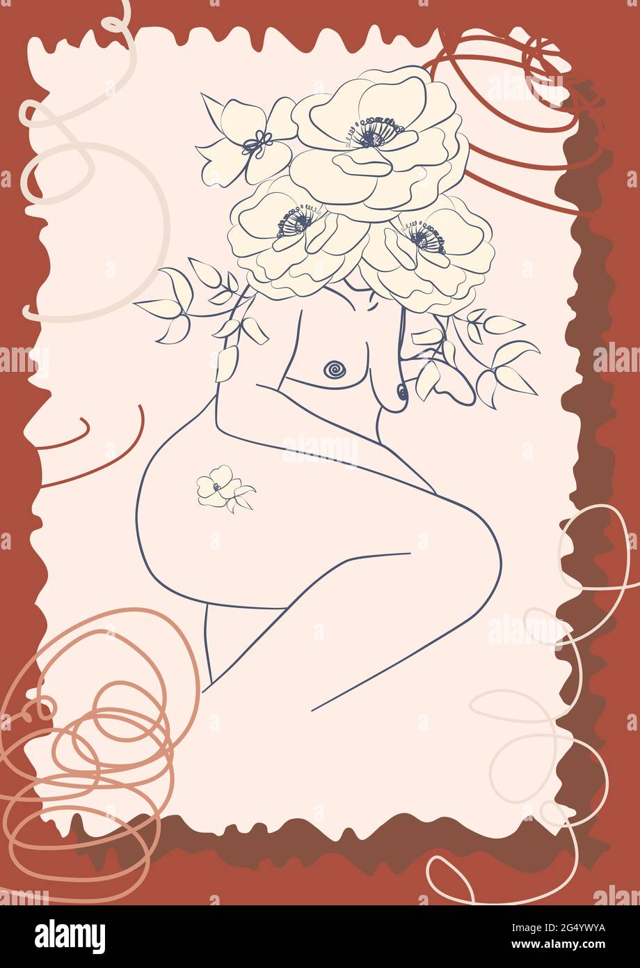 Silhouette einer Frau, weiblicher Körper, körperpositiv, kosmetisches Konzept mit Blumen, trendy beige, Schablone Stock Vektor