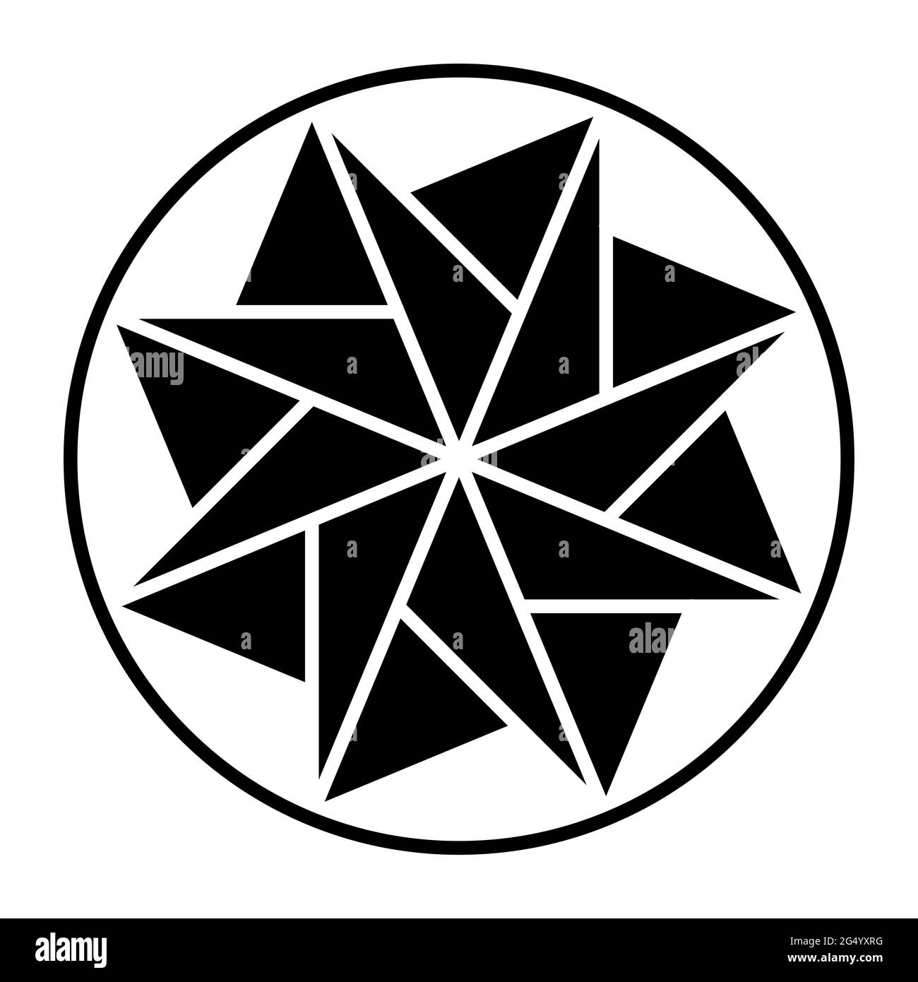Achtspitziger Stern aus Dreiecken, innerhalb eines Kreisrahmens. Muster, gebildet aus symmetrisch angeordneten Dreiecken. Mandala und Symbol. Stockfoto