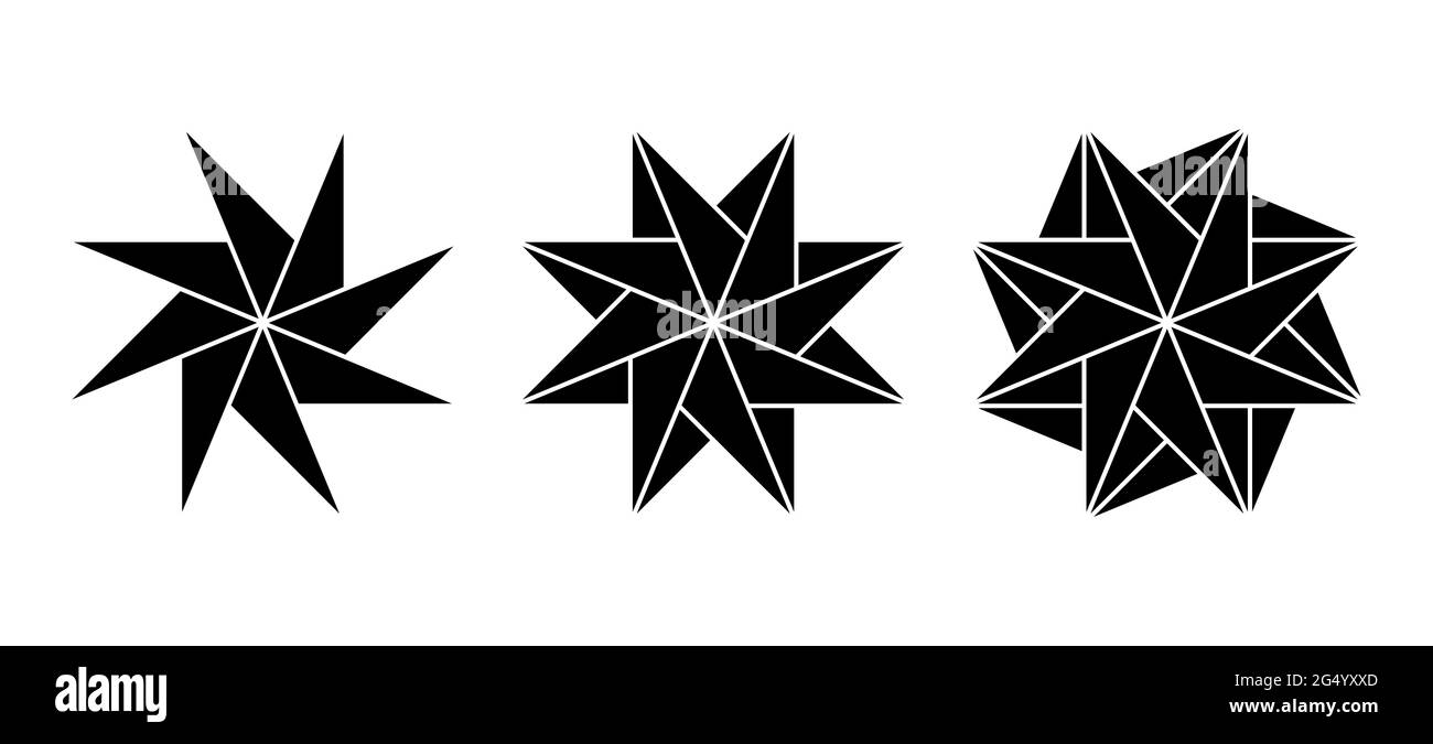 Pinwheel-förmige achtspitzige Sterne aus Dreiecken. Geometrische Muster erzeugen den Eindruck einer Rotation durch Anordnung von Dreiecken. Stockfoto