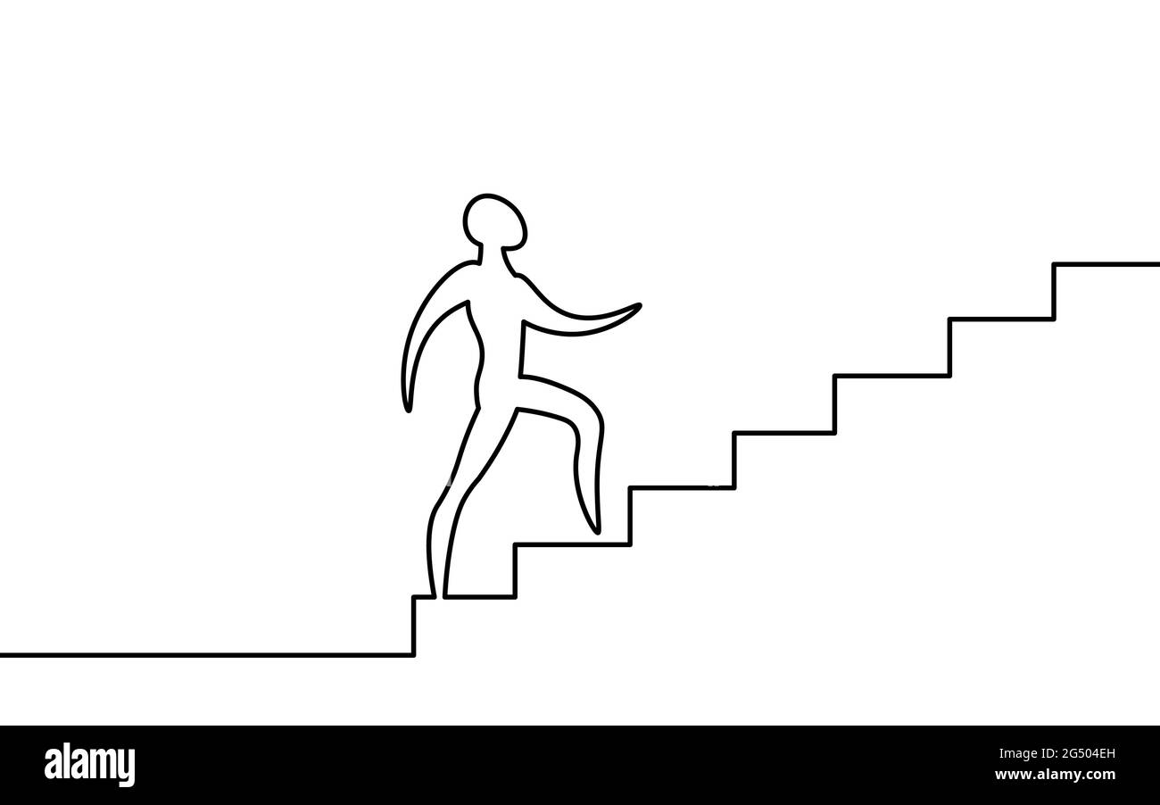 Ein Mann aus der Reihe „Art man“ steigt die Treppe hoch. Weg zum Erfolg Teamarbeit Karrierefortschritt. Continuous Line Job AIM Leader Challenge Concept Vektordarstellung Stock Vektor