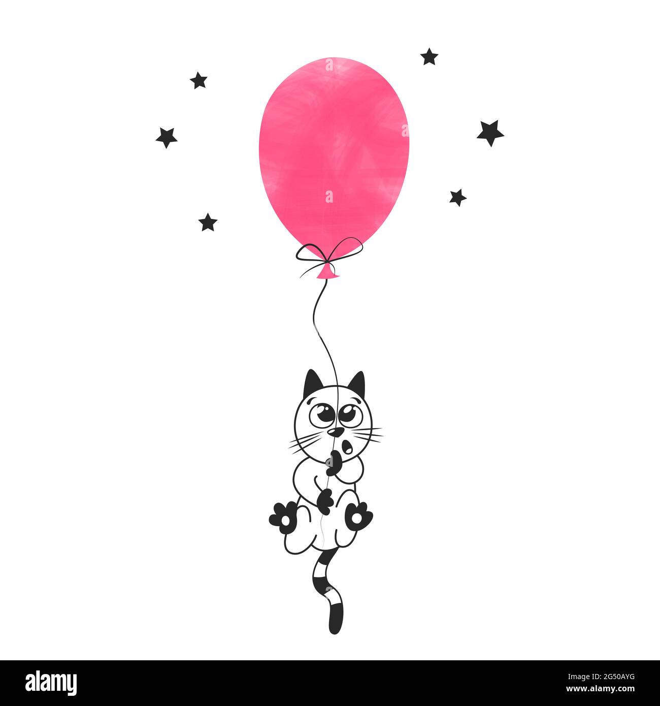 Schöne Pastellillustration für Kinderzimmer Poster Design. Kleines niedliches Kätzchen fliegt auf einem rosa Ballon. Eine einfache Kinderzeichnung auf skandinavisch Stock Vektor