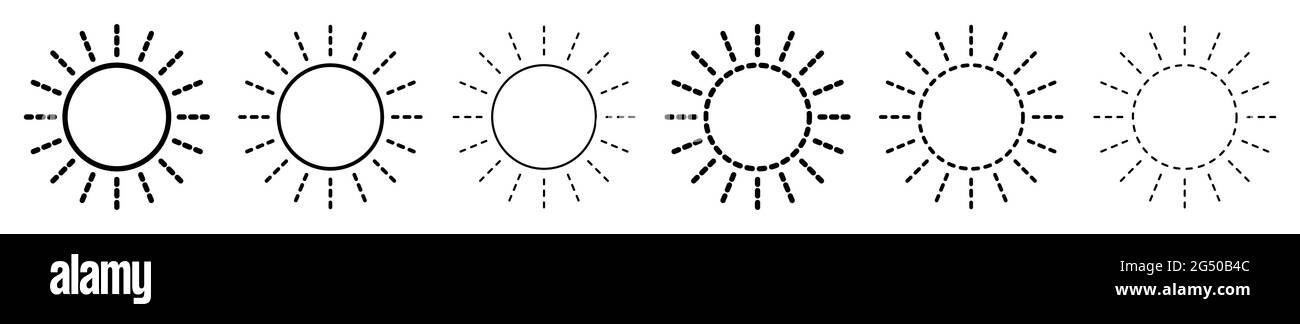 Sonnensymbol. Satz linearer Sonnensymbole. Vektorgrafik. Symbole für Sonnenvektoren. Schwarze lineare Sonnensymbole Stock Vektor