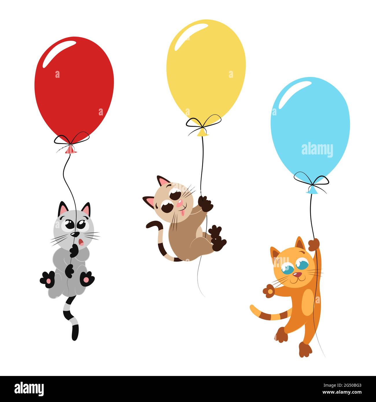 Set von niedlichen Kätzchen auf bunten Luftballons. Illustration einer lustigen Katze für Kinderzimmer-Dekor. Sammlung von entzückenden Kinderzeichnungen für Poster Stock Vektor