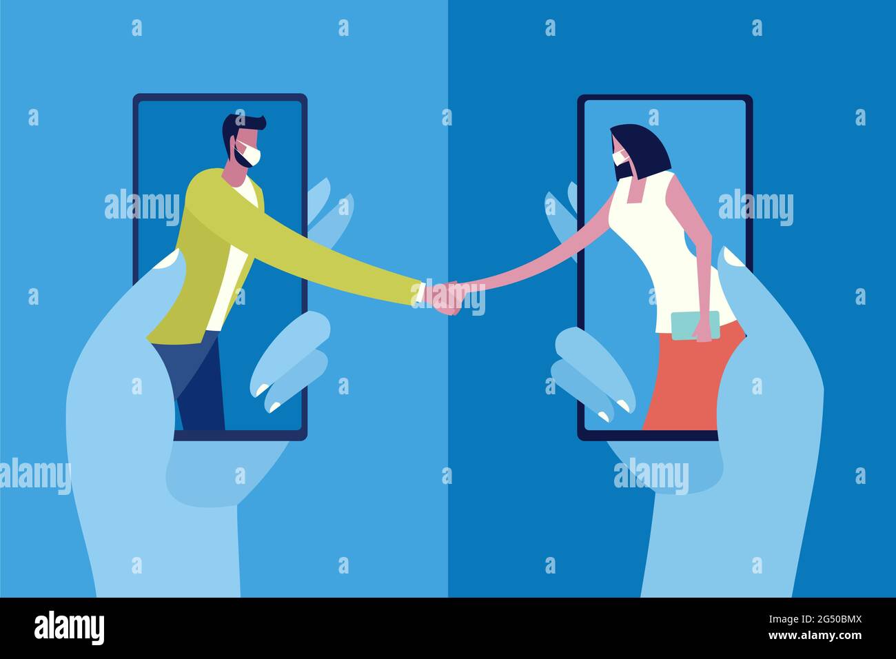 Konzeptuelle Illustration von zwei Personen, die eine Maske tragen und in Mobiltelefonen stehen, die sich die Hände schütteln. Konzept des sozialen Lebens zur Zeit der viralen Pandemie Stock Vektor