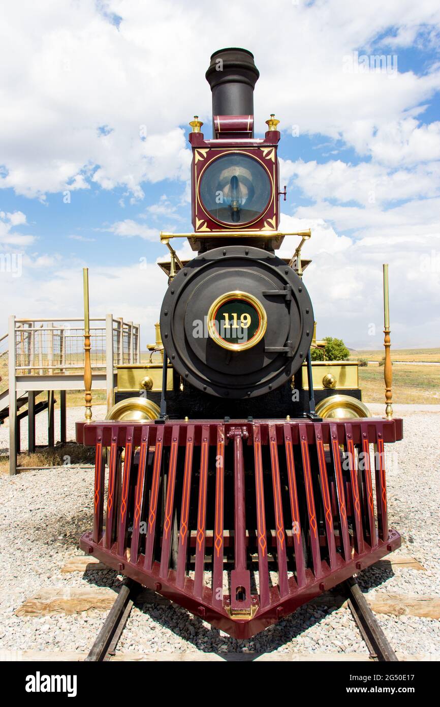 Lokomotive. Antike schwarze Zug in den Vereinigten Staaten. Stockfoto