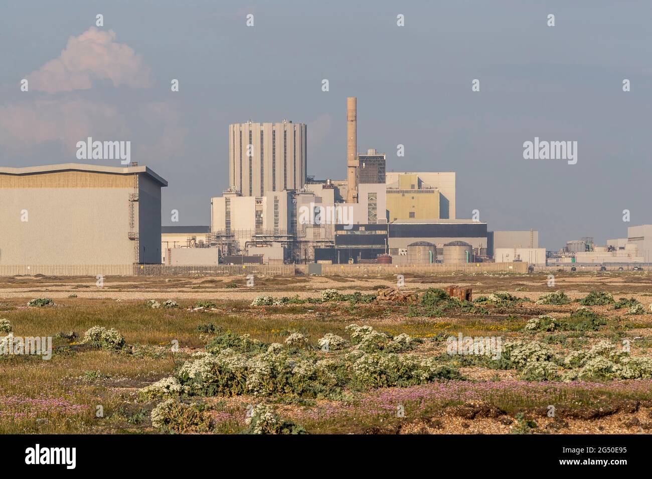 Das Kernkraftwerk Dungeness von der Straße Dengemarsh über den Schindel aus gesehen, Romeny Marsh, Kent, England, Großbritannien. Stockfoto