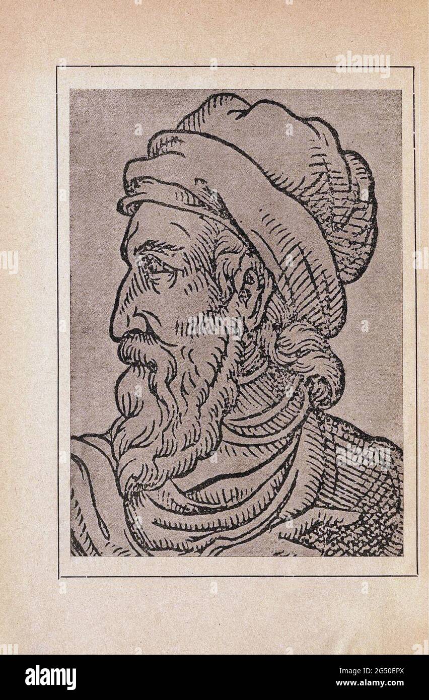 Stich von Johannes Gutenberg. Johannes Gensfleisch zur Laden zum Gutenberg (c. 1400 – 3. Februar 1468) war ein deutscher Goldschmied, Erfinder, Drucker, Stockfoto