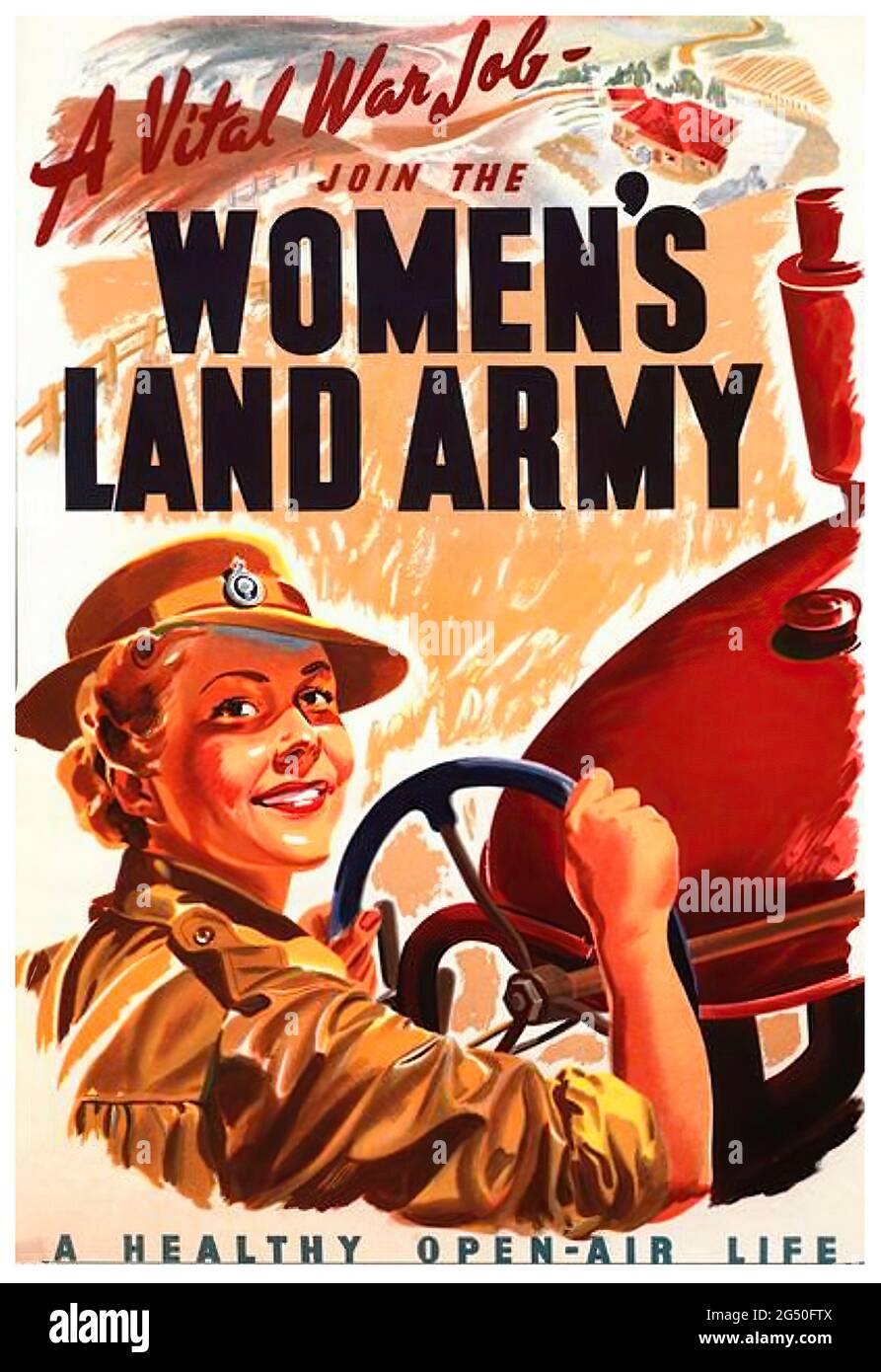 Plakat zur Rekrutierungspropaganda des Zweiten Weltkriegs in Großbritannien. Tritt der Landarmee der Frauen bei. Großbritannien. 1940-1942 die Women's Land Army (WLA) war ein britischer Ci Stockfoto