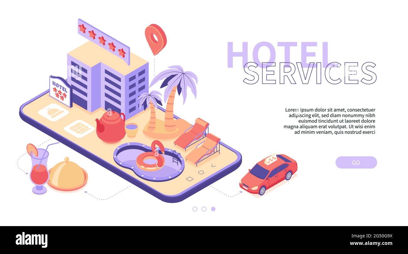 Hotelservice: Modernes, farbenfrohes isometrisches Webbanner mit Platz für Text. Eine Illustration mit Palmen, Swimmingpool, Sonnenliegen auf Smartphone-Geröll Stock Vektor