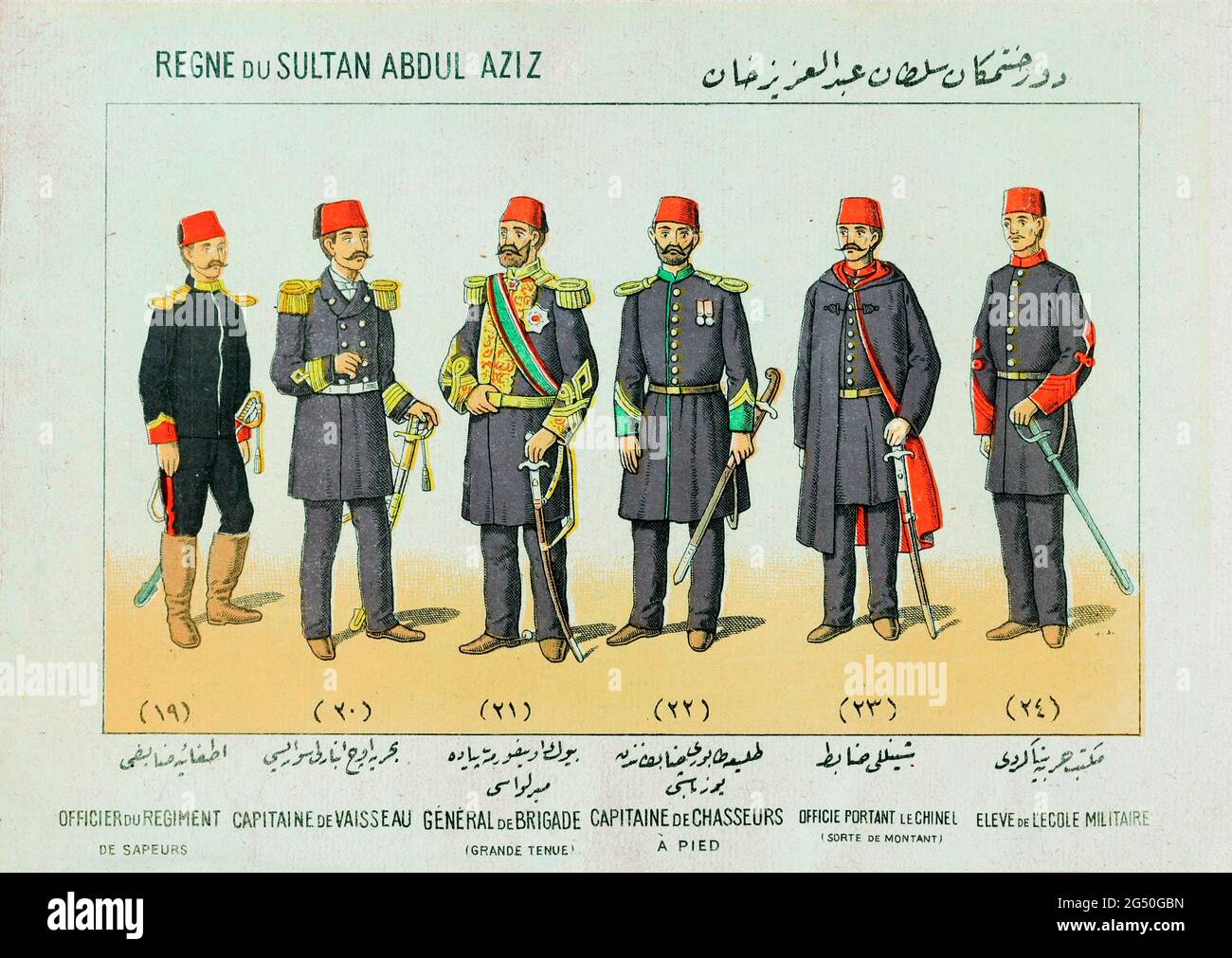 Illustrierte Geschichte der türkischen Armee (Osmanisches Reich). Sultan Abdulaziz (Regierungszeit: 1861 – 1876). Von links nach rechts: Offizier des Sapperregimes Stockfoto