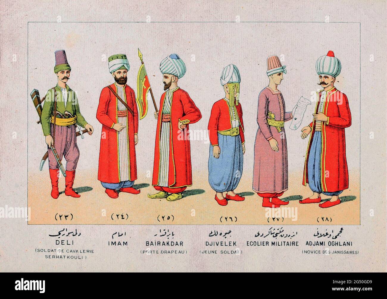 Illustrierte Geschichte der türkischen Armee (Osmanisches Reich). Deli (Kavalleriensoldat serhatkuli). Imam. Bairakdar (Fahnenträger). Djvelek (junger Soldat). Milit Stockfoto