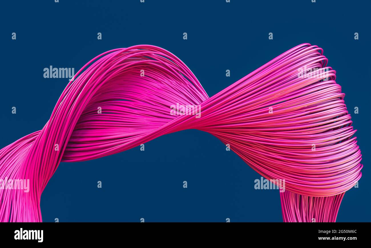 Eine Gruppe von fuchsia-Kabeln, die sich auf blauem Hintergrund zusammenrollen. 3d-Rendering. Stockfoto