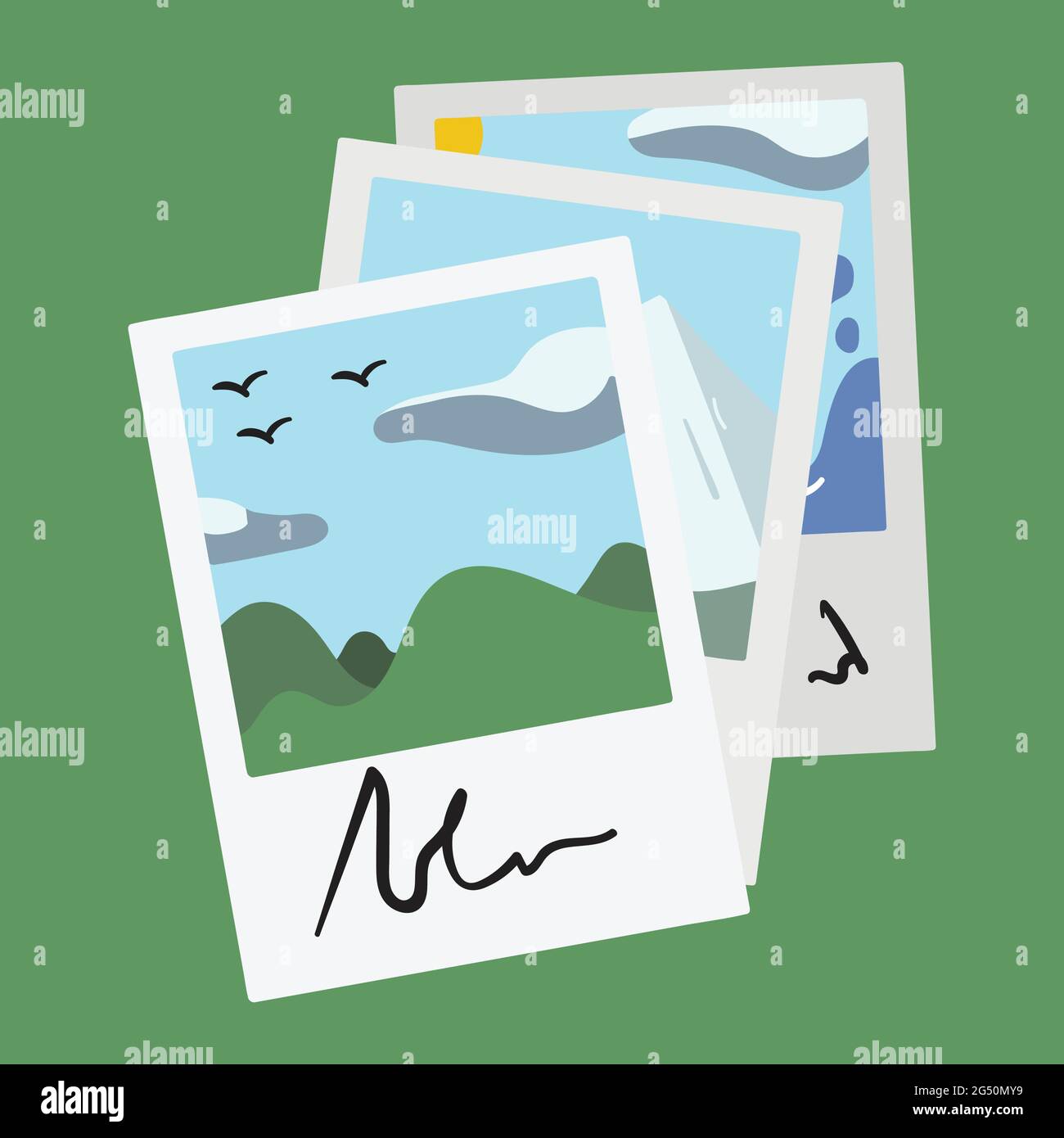 Reisebilder von Polaroid Camera mit Zitat auf der Unterseite gestapelt zusammen geschrieben. Urlaub Erinnerungen an Hügel, Himmel und gute Zeiten. Stock Vektor