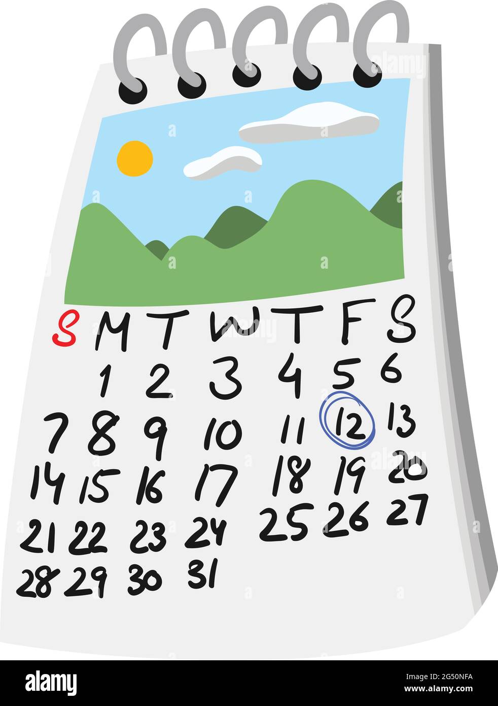 Reise-Kalender im Cartoon-Stil mit eingekreisten Daten und Reisebild oben. Landschaftsbild mit Hügeln und Himmel und Sonne. Isolierter Vektor-Clipart. Stock Vektor