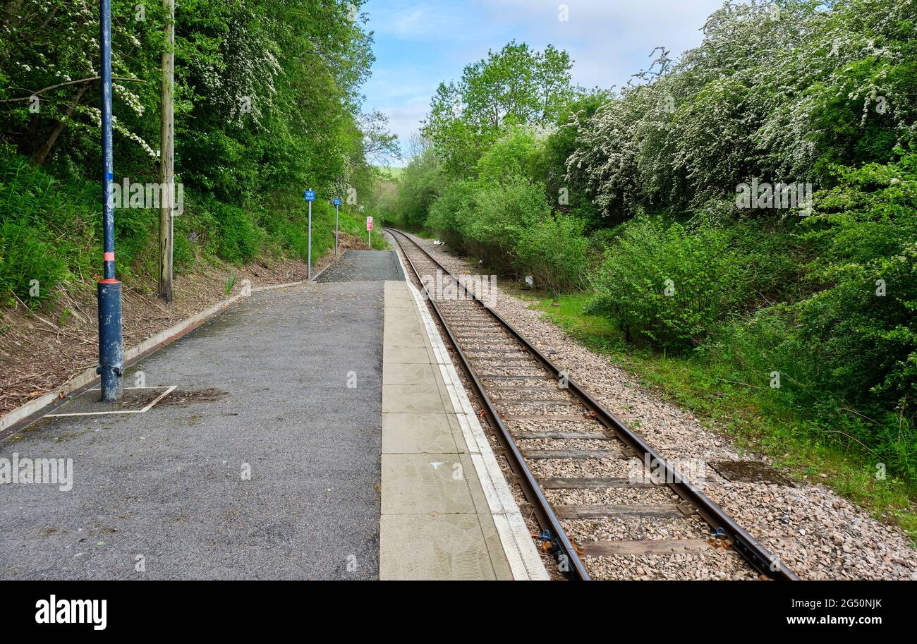 Llangynllo Railway Station an der Heart of Wales Line, Llangynllo, Powys, Wales. Stockfoto