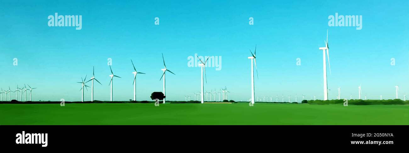 Ökologisches Energie- und Umweltschutzkonzept. Windturbinen erzeugen Strom. Landschaftsfeld und Himmel. Windenergie. Vektor Stock Vektor