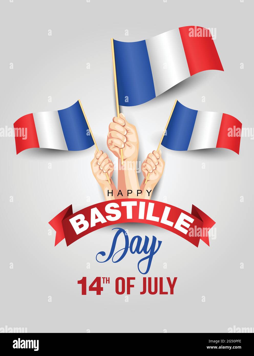 Kreative Vektorgrafik Illustration, Karte, Banner oder Poster für den französischen Nationalfeiertag. Alles Gute Zum Bastille-Tag. Hand halten Frankreich Flagge Design. vektor-illustrative Stock Vektor