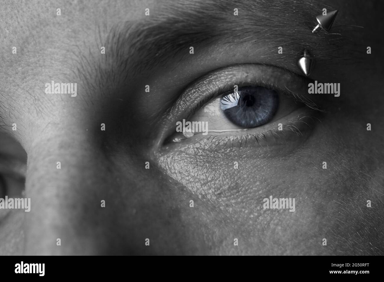 Augenbrauenpiercing und blaues Auge eines männlichen, Makro. Stockfoto