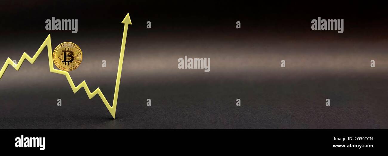 Bitcoin-Volatilität. Schwankungen und Prognosen der Kryptowährungsrate. Bitcoin-Münze auf dem Preisdiagramm zeigt nach oben. Auf schwarzem Hintergrund, Kopie Stockfoto