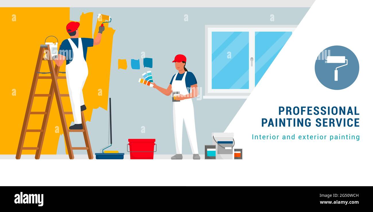 Professionelle Maler und Dekorateure malen Wände in einem Wohnraum mit professioneller Ausrüstung Stock Vektor