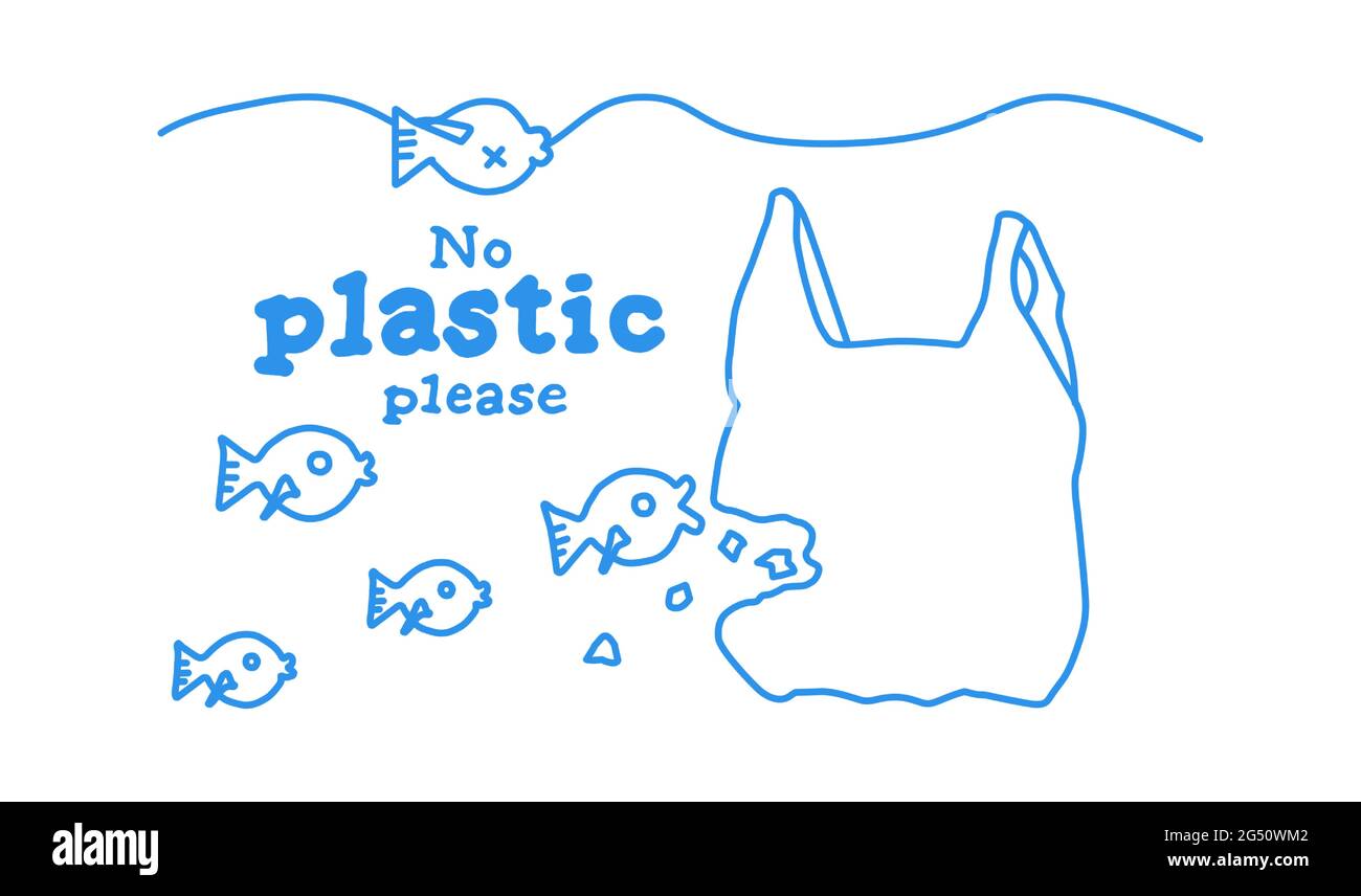 Eine Plastiktüte schwimmt im Meer. Fische schlucken Mikroplastik und sterben. Vektor mit englischem Text: Bitte keine Plasik. Stock Vektor