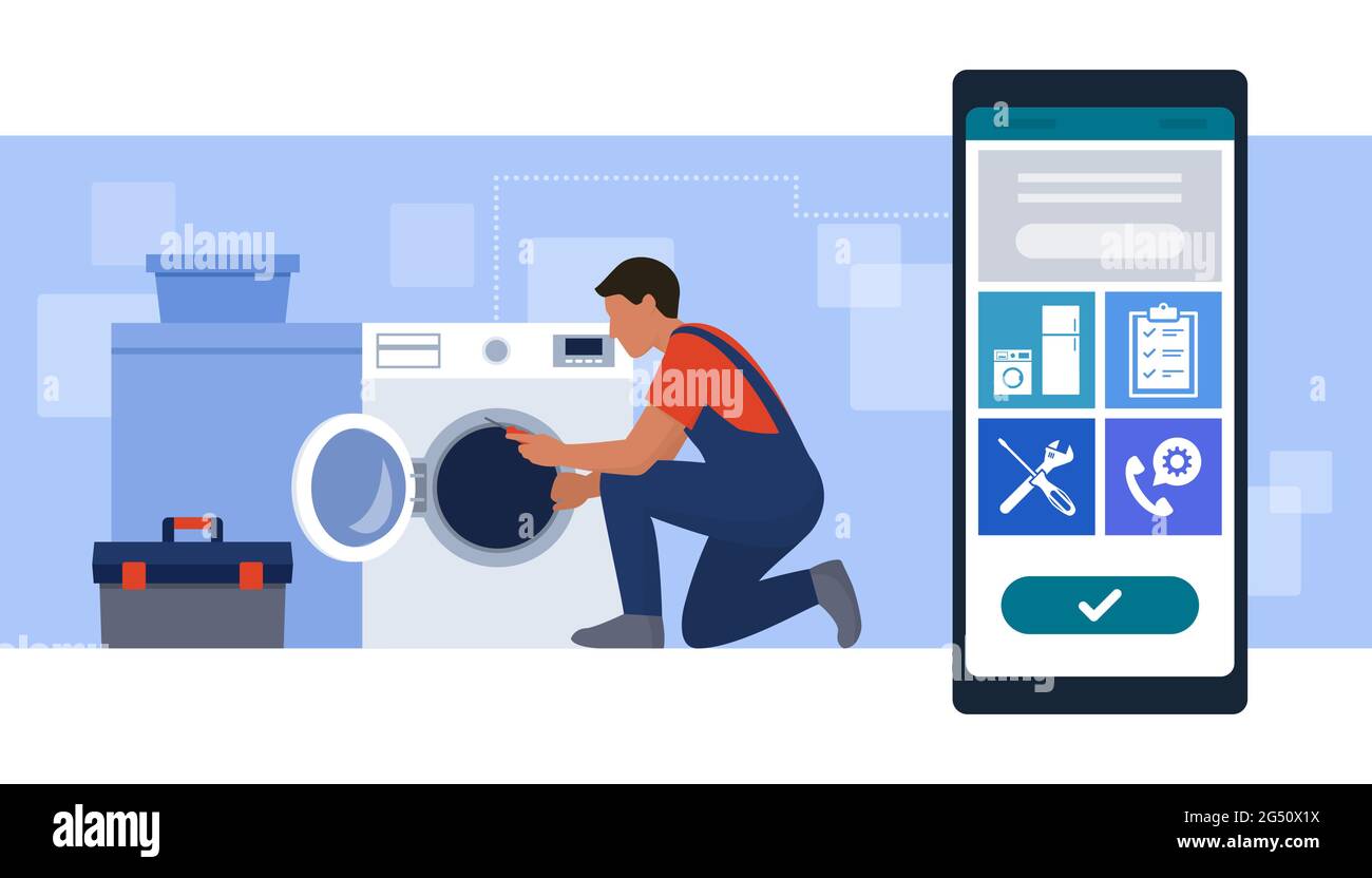 Buchen Sie eine Werkstatt online: Professioneller Techniker repariert eine Waschmaschine zu Hause und ein Smartphone mit Service-Icons Stock Vektor