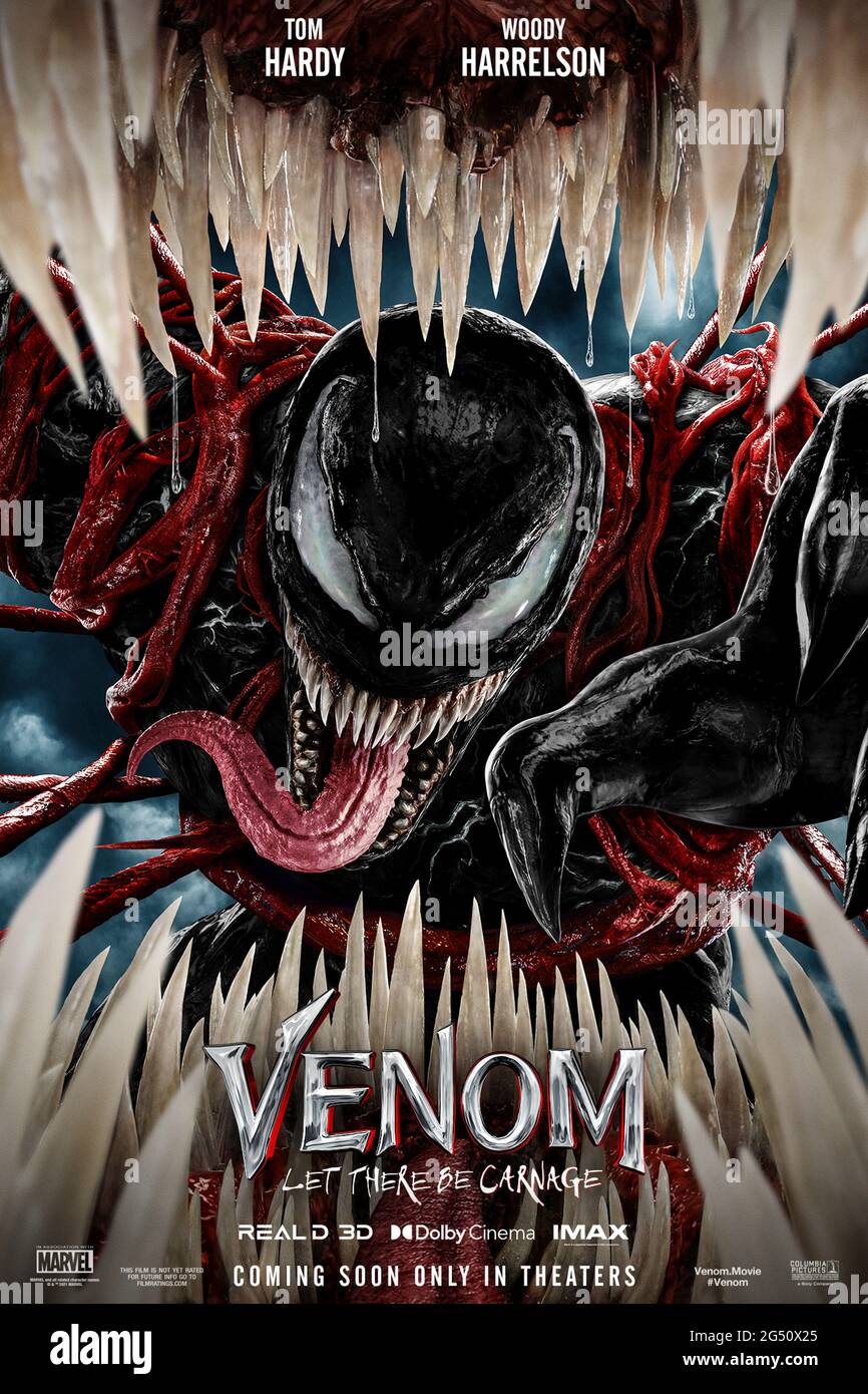 Venom: Let There Be Carnage (2021) unter der Regie von Andy Serkis mit Woody Harrelson, Tom Hardy und Michelle Williams. Venom kehrt in dieser mit Spannung erwarteten Fortsetzung zurück, um sich dem Bösewicht Carnage zu stellen. Stockfoto