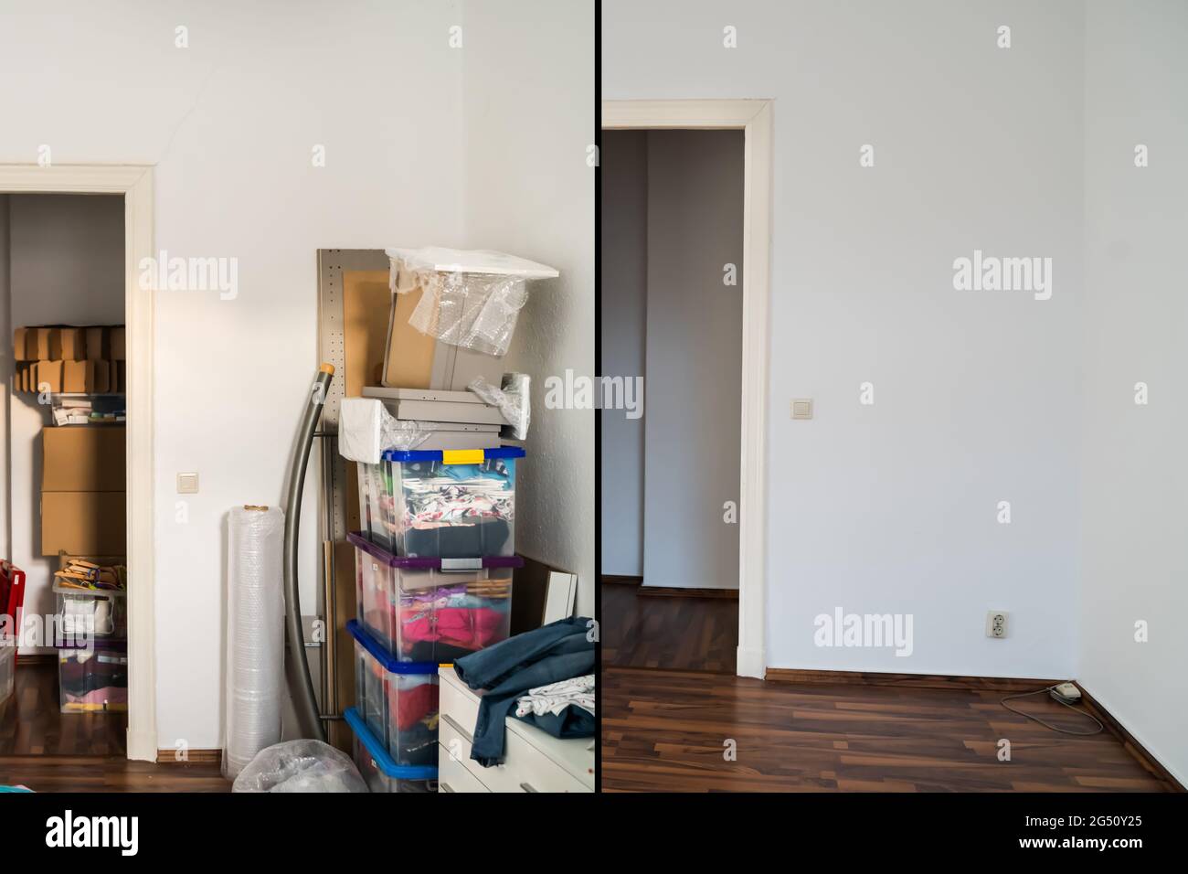 Raumaufdeckvorrichtung Vor Und Nach Dem Zimmer. Unordentliches Haus Stockfoto