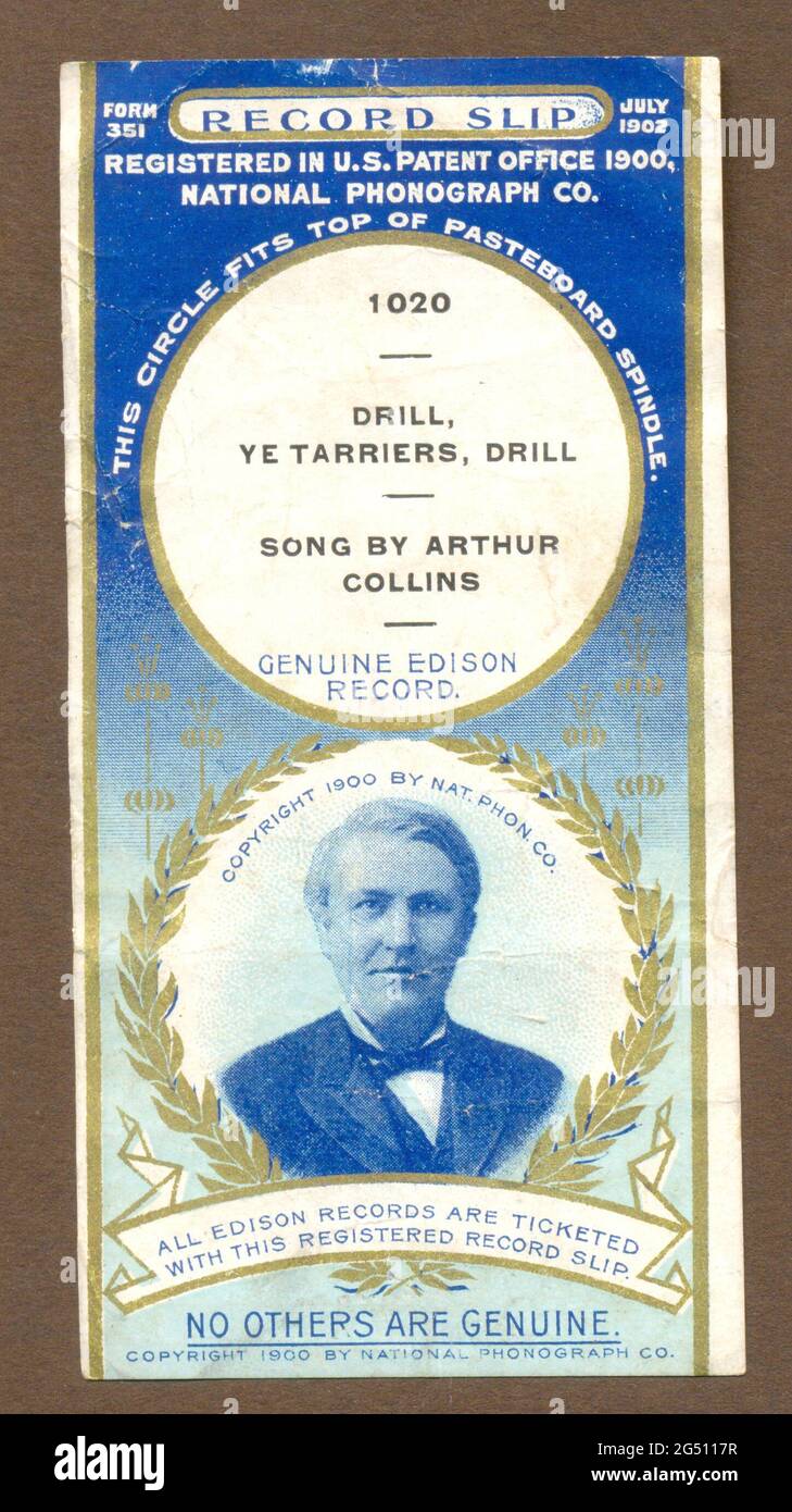 Einschreibezettel Nr. 1020 für Edison Record von National Phonograph Co., USA, Juli 1902 Stockfoto