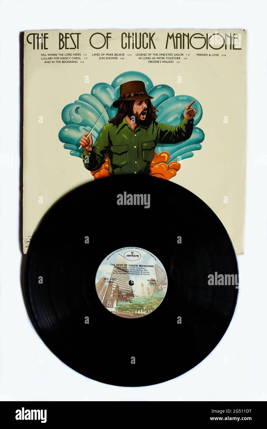 Charles Frank Mangione ein amerikanischer Flügelhornspieler, Stimmdarsteller Trompeter und Komponist. Schallplattendisc mit dem Titel The Best of Chuck Mangione Album Cover Stockfoto