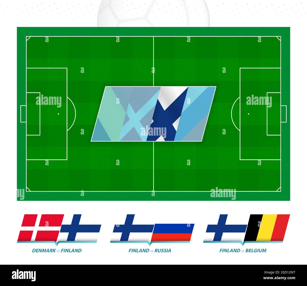 Alle Spiele der finnischen Fußballmannschaft im europäischen Wettbewerb. Fußballplatz und Spielsymbol. Vektorset. Stock Vektor