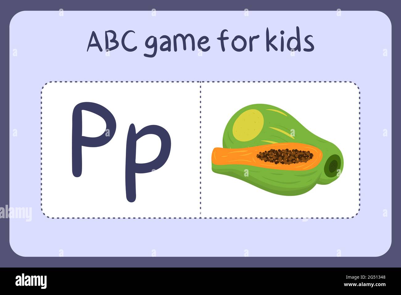 Kind Alphabet Mini-Spiele im Cartoon-Stil mit dem Buchstaben P - Papaya. Vektor-Illustration für Spiel-Design - Schneiden und spielen. Lerne abc mit Flash-Karten für Obst und Gemüse. Stock Vektor