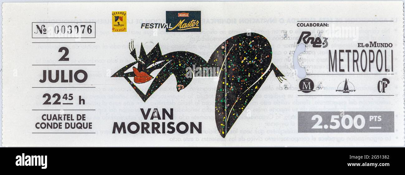 Van Morrison, Juli 1992, Konzertkarten, Musikkonzert Memorabilia , Madrid, Spanien Stockfoto