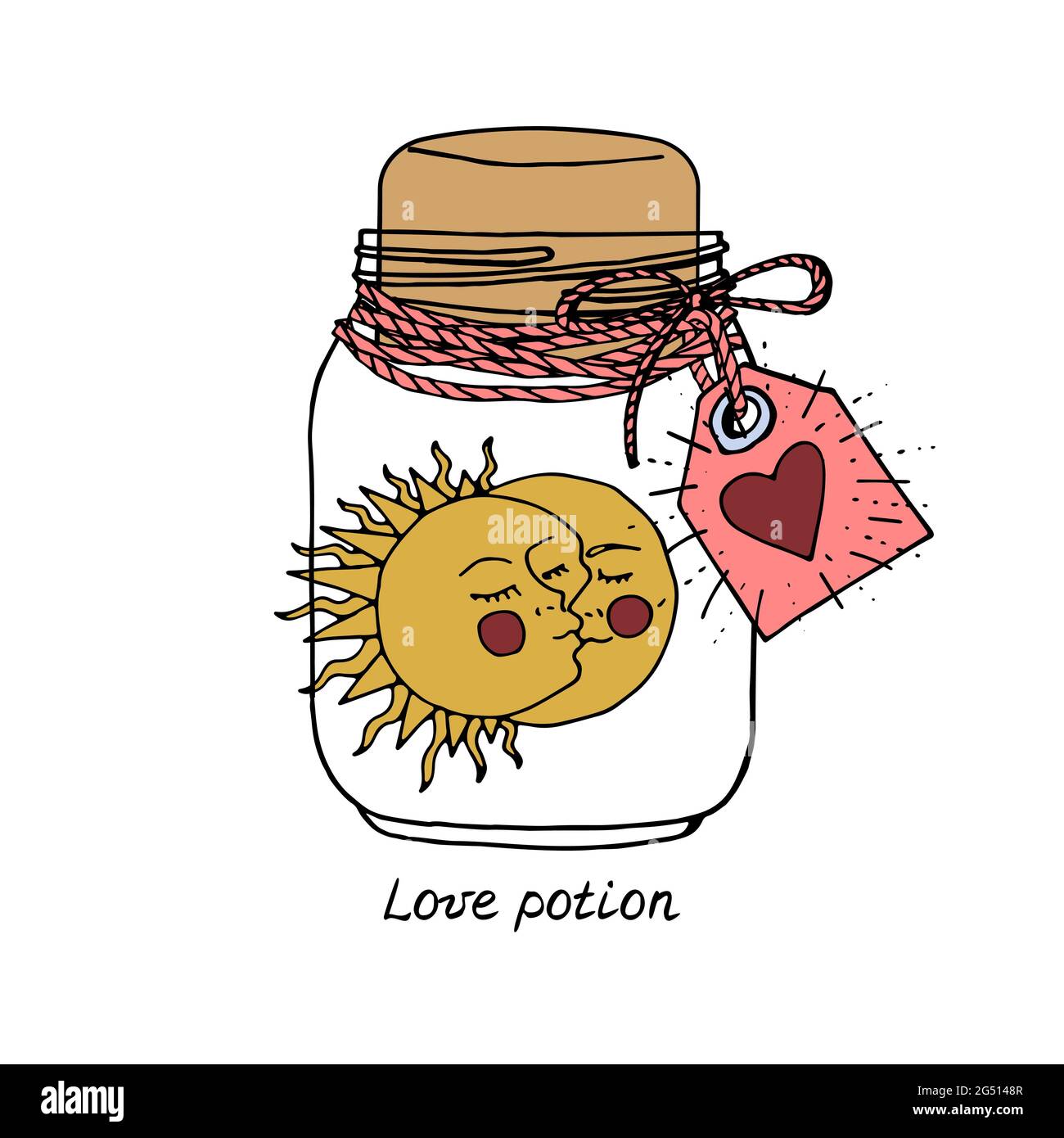 Linie Kunst Illustration von Hand gezeichnet küssen Sonne und Mond in  Einmachglas. Schriftzug Text Love Trank Stock-Vektorgrafik - Alamy