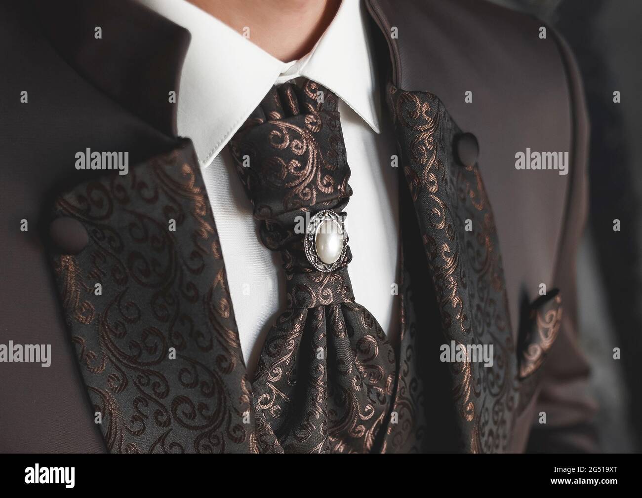 Luxuriöser brauner Herrenanzug mit Mustern und Krawatte, weißes Hemd aus nächster Nähe. Stockfoto
