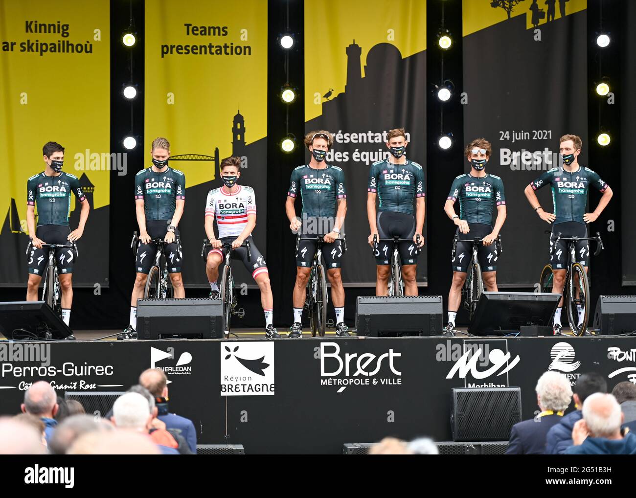 Brest, Frankreich. Juni 2021. BORA - HANSGROHE wird bei der Tour de France-Teampräsentation 2021 vorgestellt, Credit:Pete Goding/Alamy Live News Stockfoto